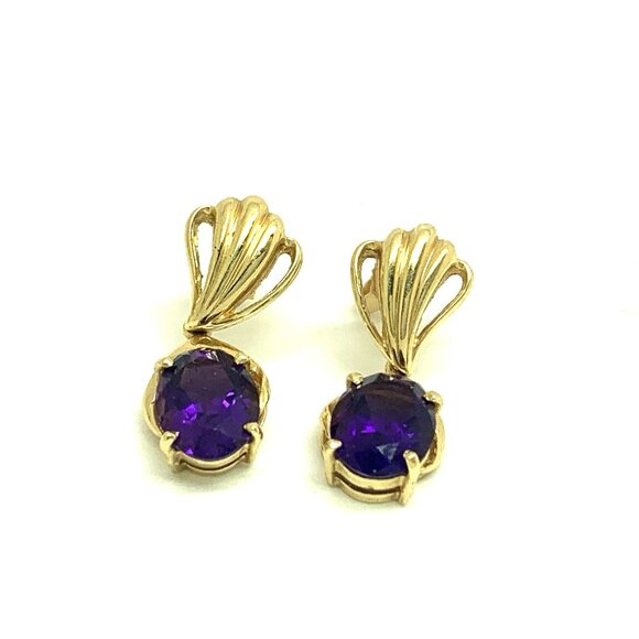14k Yellow Gold Oval Purple Gemstone Women's Dangle Earrings Estate Jewelry - Picture 2 of 14